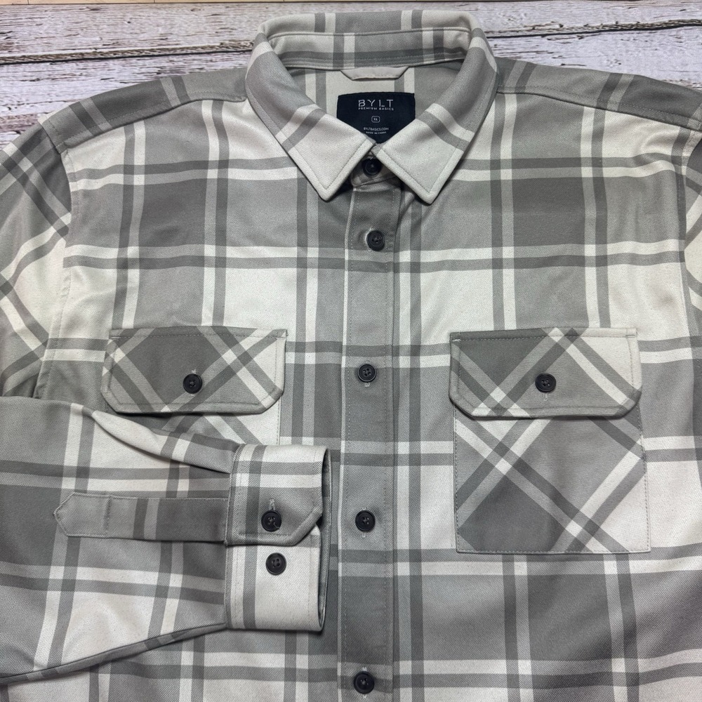 BYLT Basics Coastal Overshirt Plaid Flannel Charcoal Grey Men's XL New
